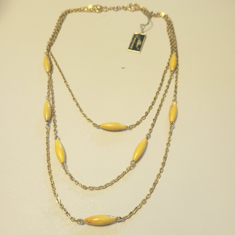 Vintage Alice Caviness Signed Triple Strand Yellow Beaded 16" To‎ 20" Length Tag